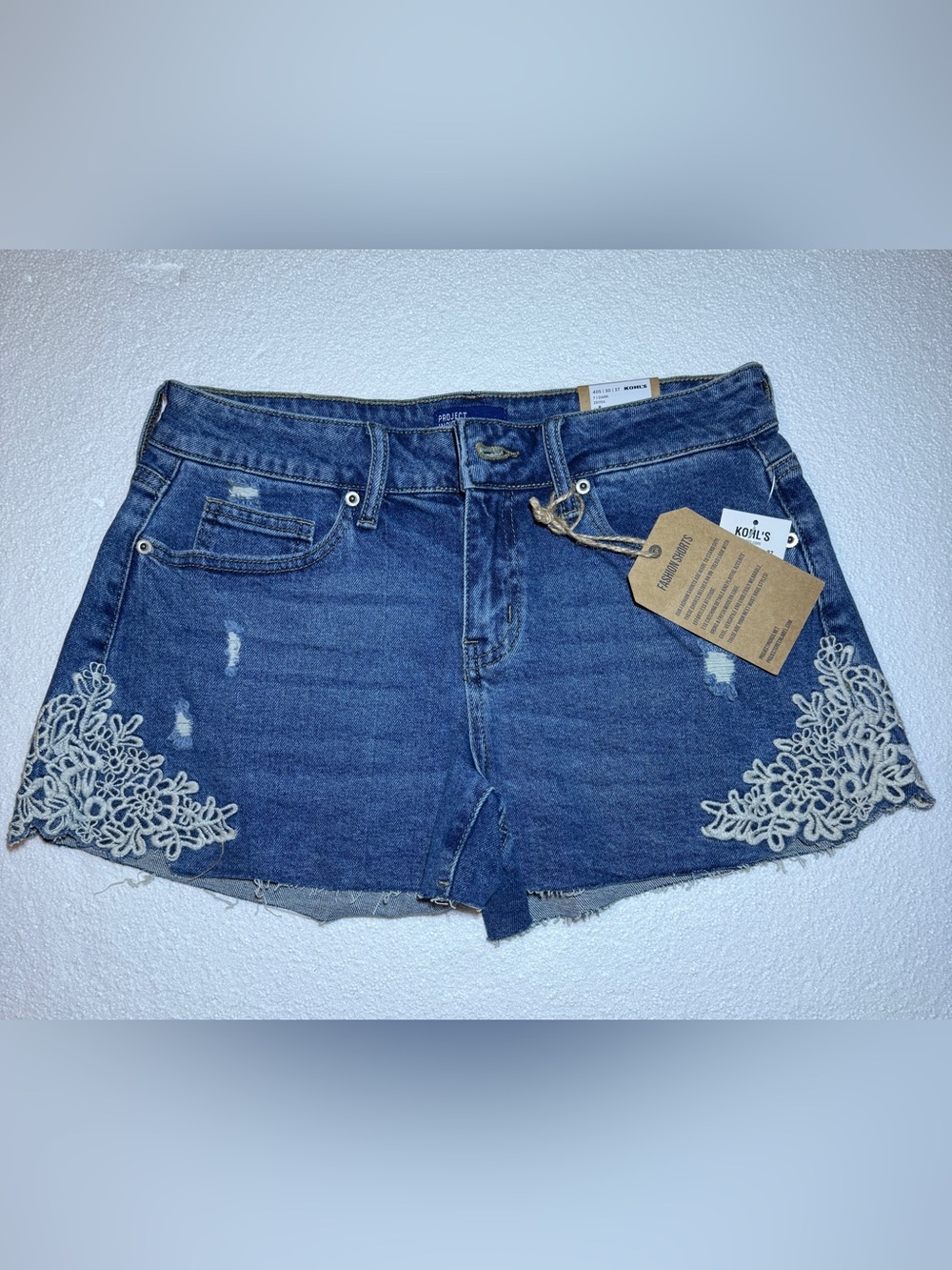 Project Indigo Dark Blue Denim Shorts with White Embroidery Mid Rise Juniors 7